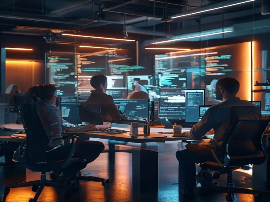A modern AI technology startup office with engineers working at screens of code and data