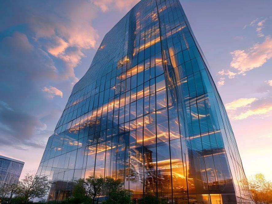 A modern commercial office skyscraper with a glass facade at golden hour