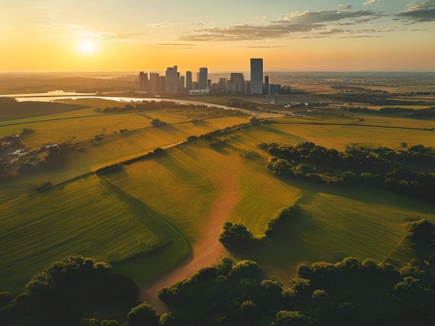 A prime development land plot, open green field at golden hour with a distant city skyline