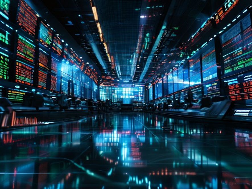 A global stock exchange trading floor with large digital screens showing market data